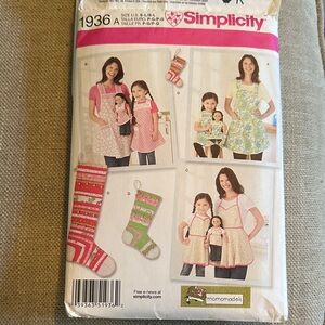 Simplicity Pattern#1936 for Aprons, Christmas stocking and American Doll Apron
